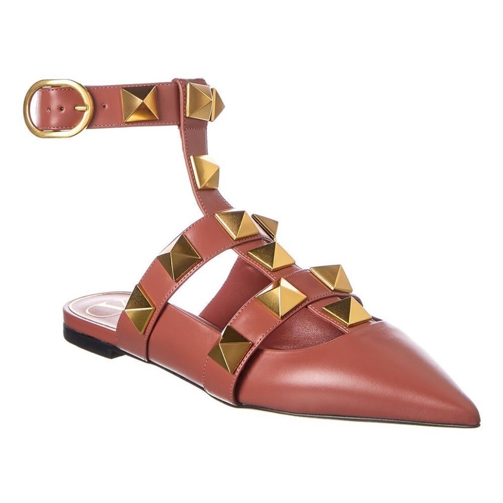 Valentino Roman Stud Leather Ankle Strap Flat